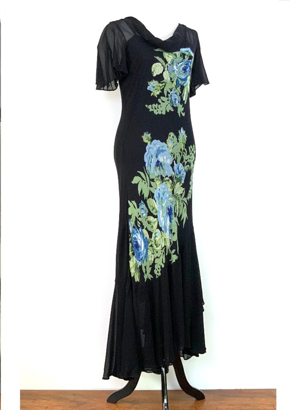 Vintage Y2K Lola P Black Floral Maxi Bias Cut Party Dress Fairy Sz M